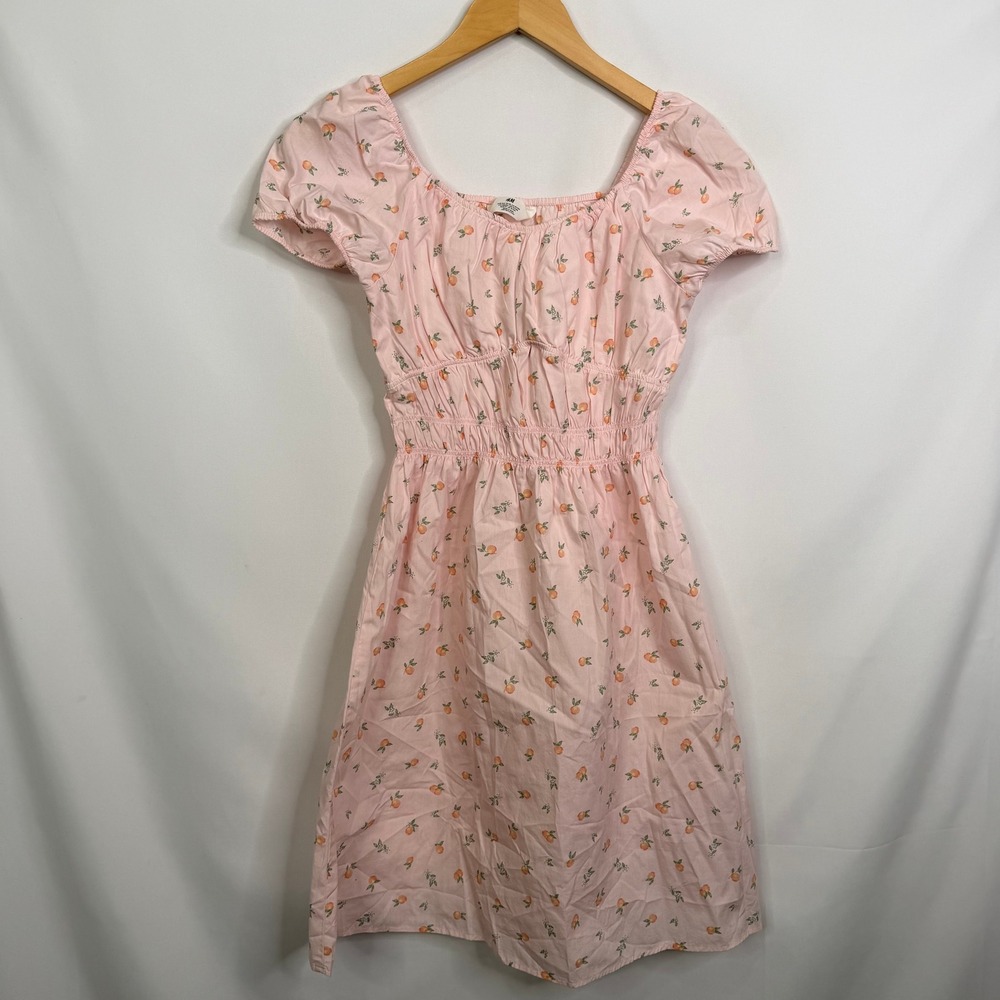 HM Girls Pink Peach Print Puff Sleeve Cotton Dress Size 18 Smocked Waist - Picture 8 of 8